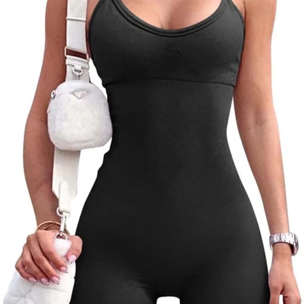NWOT Black Womens full Bodysuit workout attire jumpsuit spaghetti strap yoga gym